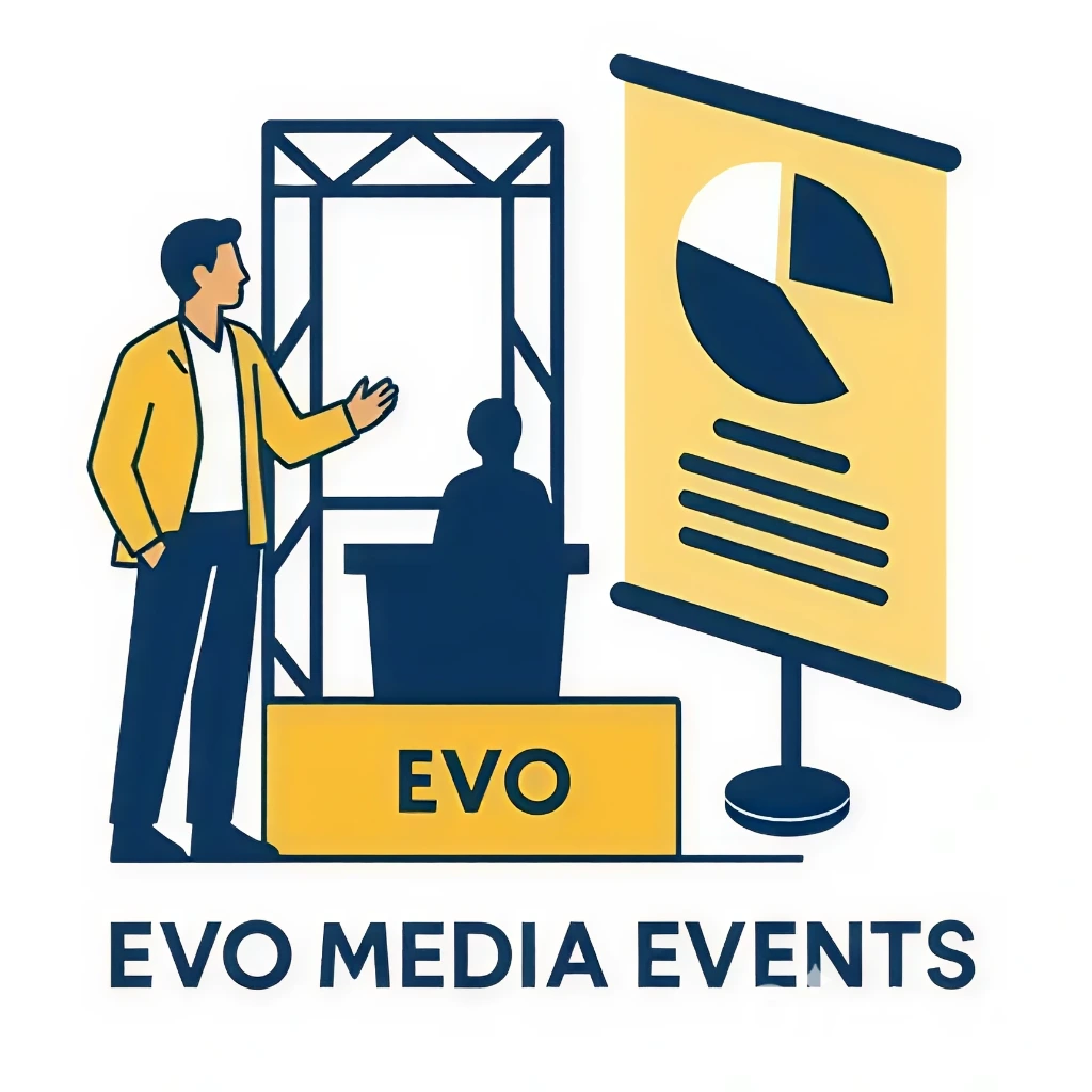 رسم توضيحي لشخص يشرح خدمات تنظيم المعارض والمؤتمرات بجانب شاشة عرض بيانات